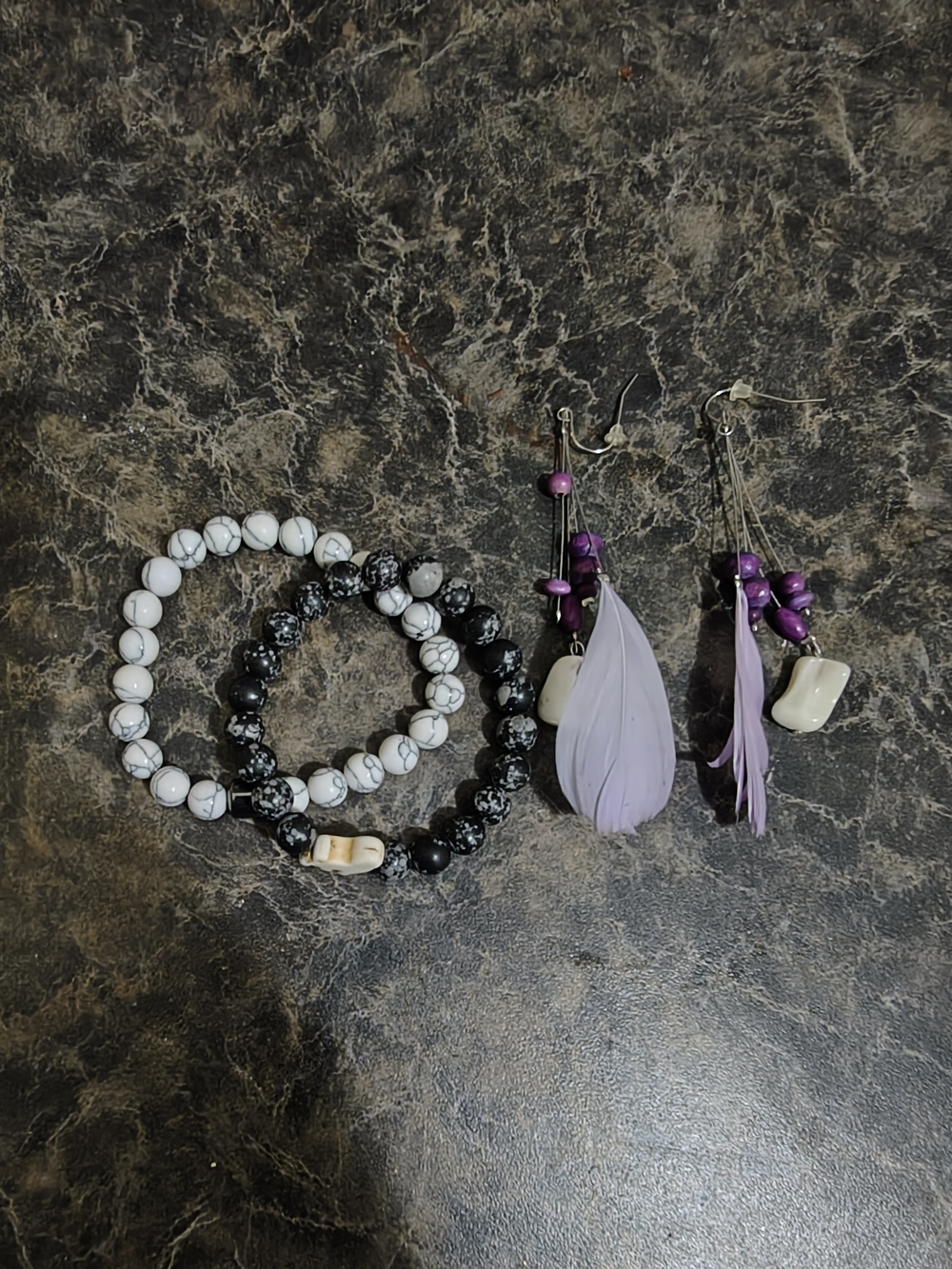 3-Piece Boho Jewelry Set Feather Earrings & Marbled Bead Bracelets
